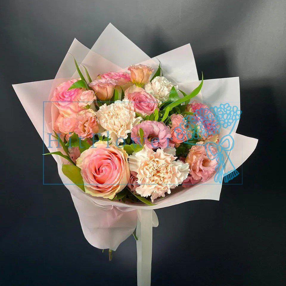 Букет цветов Зефирное утро Букет цветов из: Розы, Гвоздики и Лизиантусы